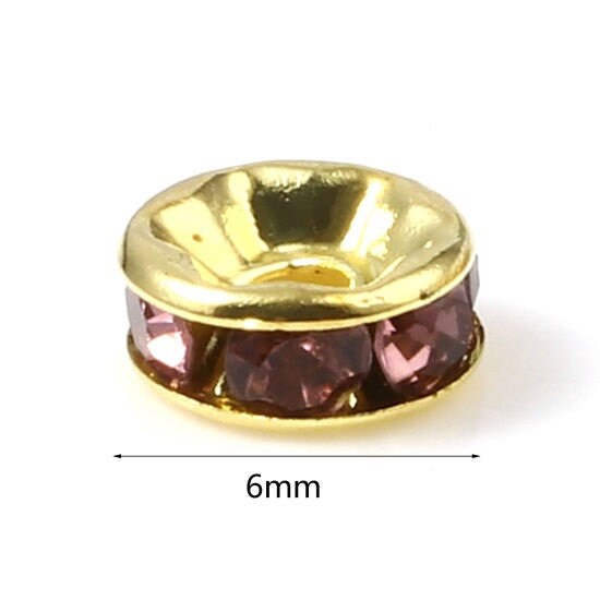 Rhinestone rondelle , 6mm gold plated spacer bead, purple crystal bead