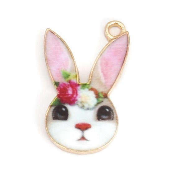 Easter bunny charms enamel rabbit pink ear with rose on head pendant charm gold backed metal charms girly bunny charm