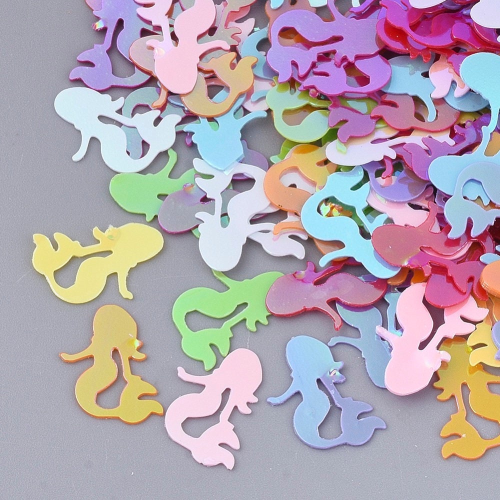 Mermaid silhouette charm, sequin cutouts of mermaid outline, 12mm flat sequin, assorted color mix in 650 pack