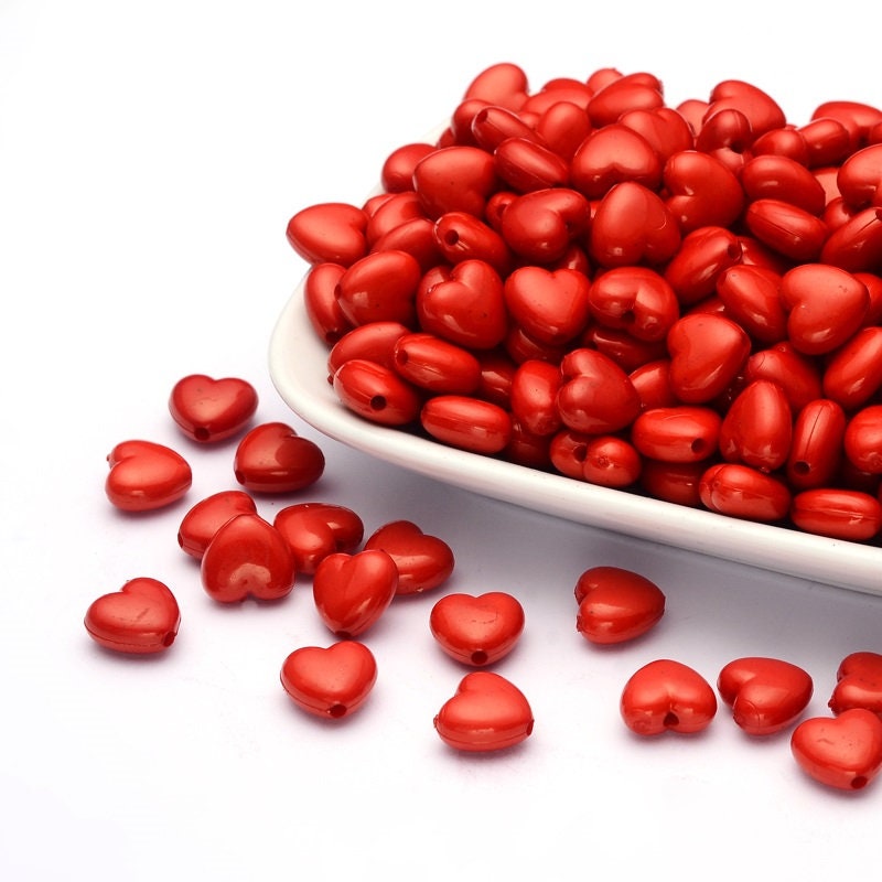 Red Heart beads, fat puffed acrylic heart, solid color bead, 11mm for bracelet beads