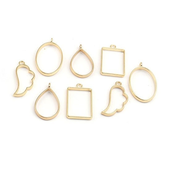 Gold bezel set, pendant charm set, gold plated Open bezel charms, set of 8 styles for resin or clay , DIY resin charms
