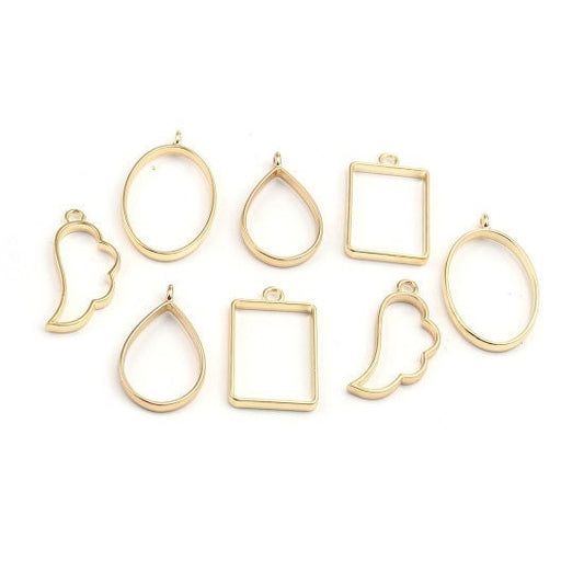 Gold bezel set,  pendant charm set, gold plated Open bezel charms, set of 8 styles for resin or clay , DIY resin charms