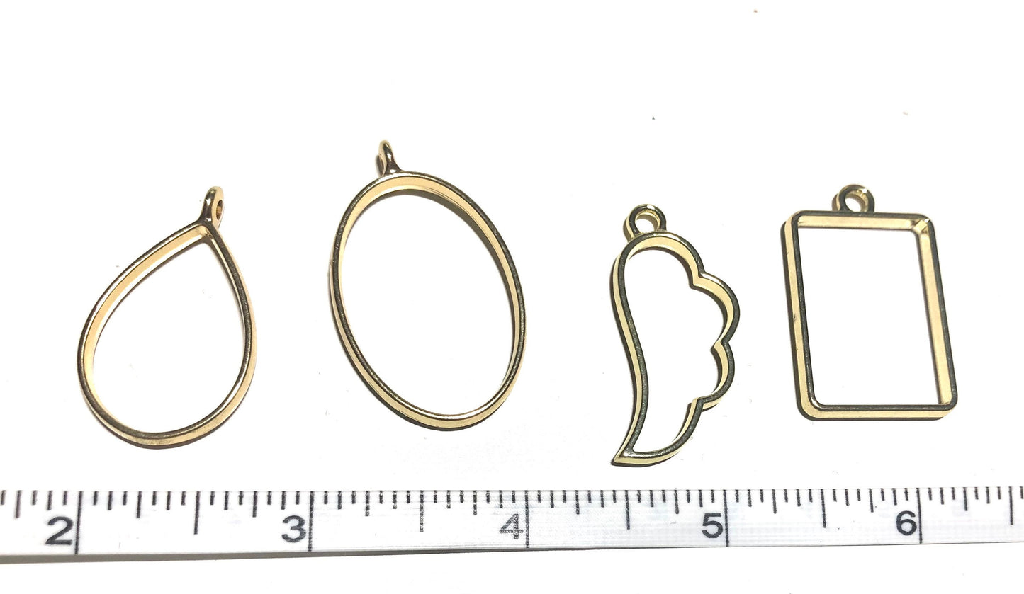 Gold bezel set, pendant charm set, gold plated Open bezel charms, set of 8 styles for resin or clay , DIY resin charms