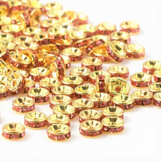Rhinestone rondelle , 6mm gold plated spacer bead, pink crystal bead
