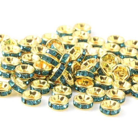 Rhinestone rondelle , 4mm gold  plated spacer bead, blue crystal bead