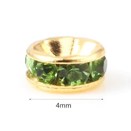 Rhinestone rondelle , 4mm gold plated spacer bead, green crystal bead