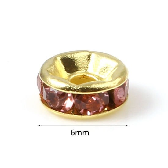 Rhinestone rondelle , 6mm gold plated spacer bead, pink crystal bead