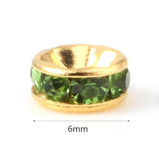 Rhinestone rondelle , 6mm gold plated spacer bead, green crystal bead
