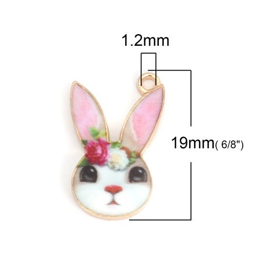 Easter bunny charms enamel rabbit pink ear with rose on head pendant charm gold backed metal charms girly bunny charm