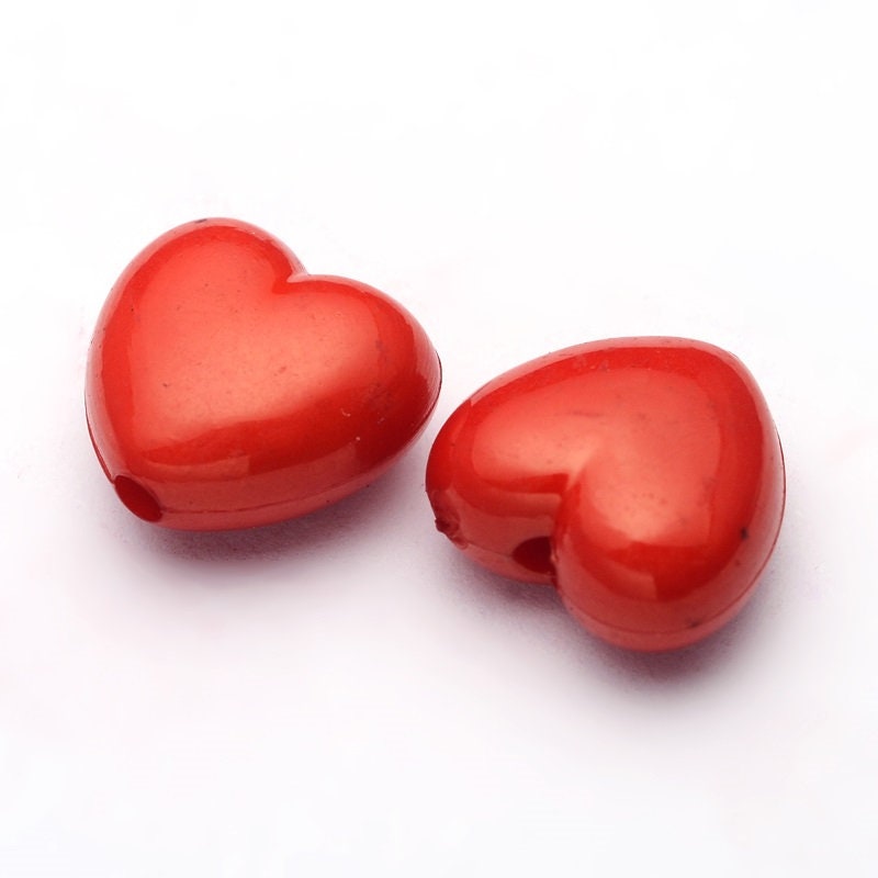 Red Heart beads, fat puffed acrylic heart, solid color bead, 11mm for bracelet beads