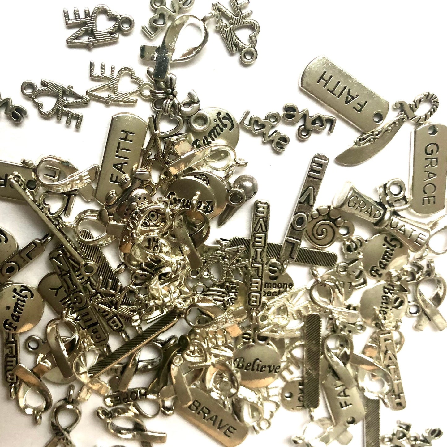 Inspiration charm mix, charms with words and phrases, love and hope charms, mix of charms Silver charms mix jewelry finding
