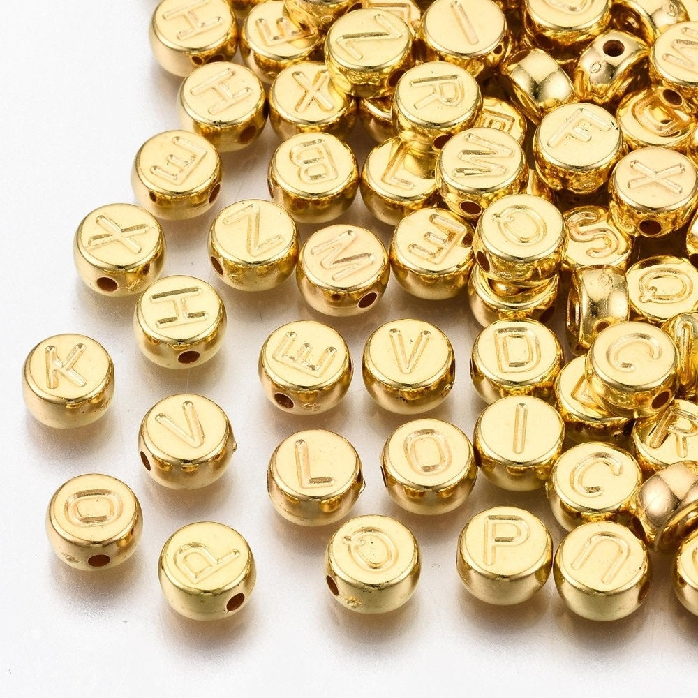 Gold alphabet bead with letter imprint metallic letter Beads Round Acrylic 7mm bead, Pick letter or bulk, no color imprint on letters