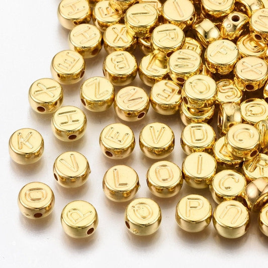 Gold alphabet bead with letter imprint metallic letter Beads Round Acrylic 7mm bead,  Pick letter or bulk, no color imprint on letters