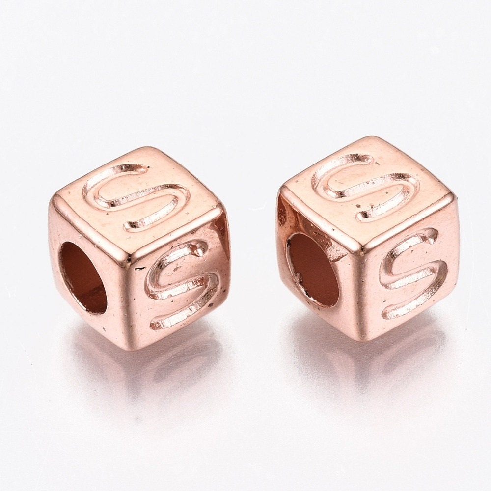 Rose gold Alphabet Cube, Metallic square Beads Acrylic 7x7mm, choose letter or bulk beads for bracelets