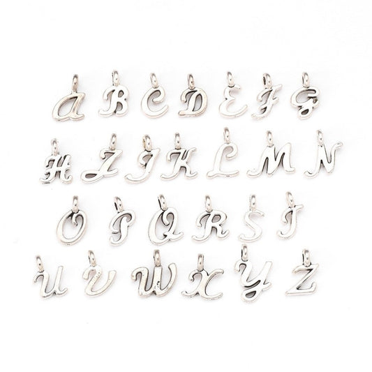 Silver letter charms. script initial jewelry charms, handwritten letter style, set of A-Z or individual letters