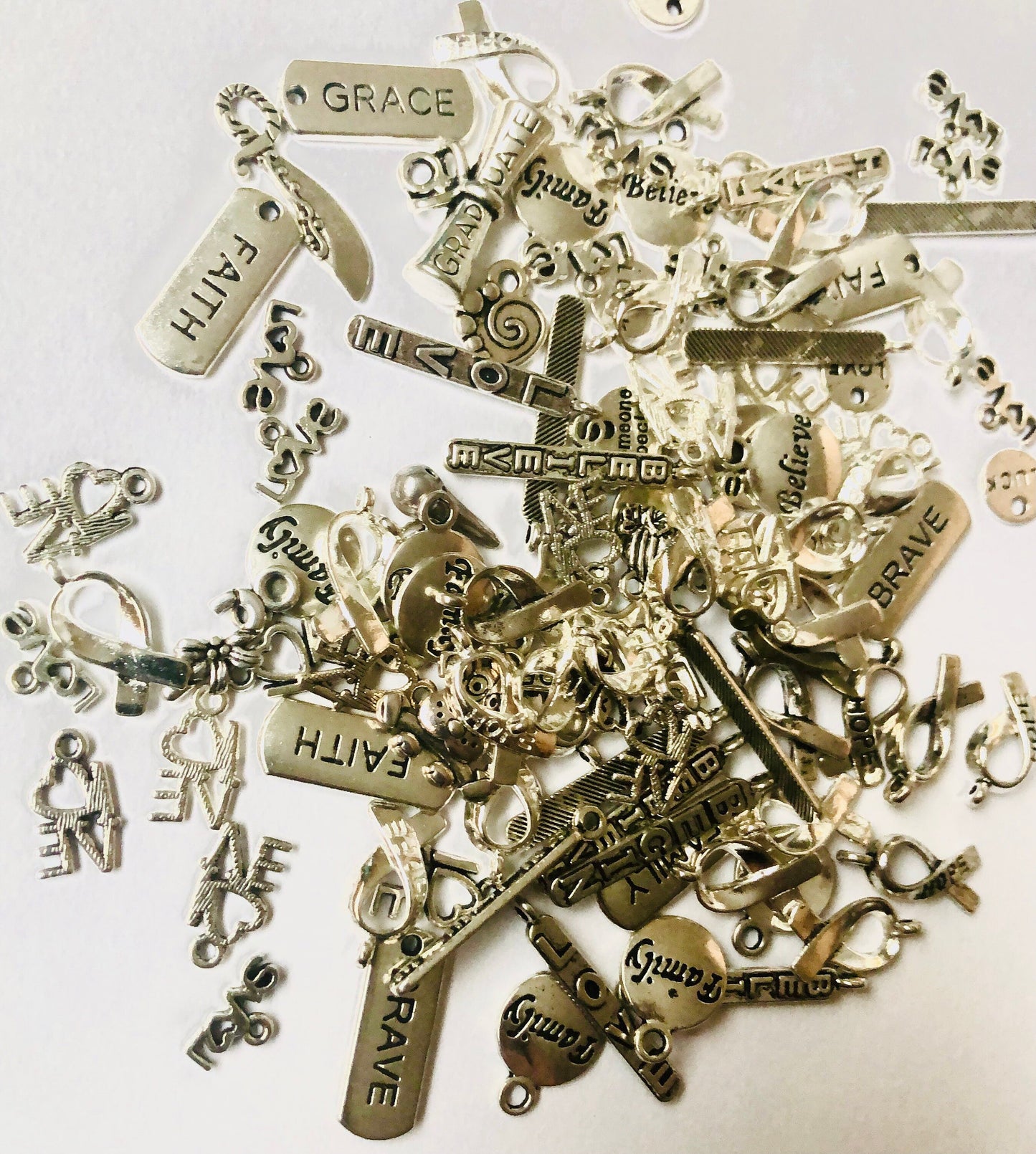 Inspiration charm mix, charms with words and phrases, love and hope charms, mix of charms Silver charms mix jewelry finding