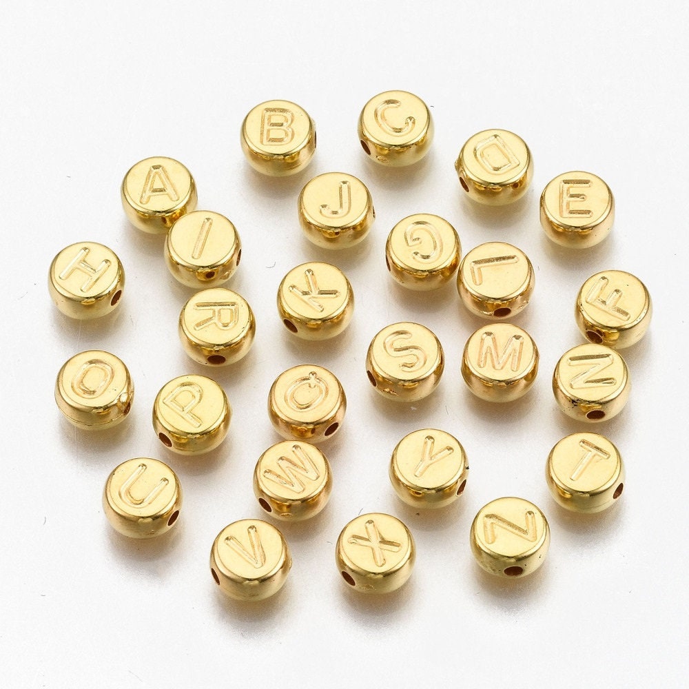 Gold alphabet bead with letter imprint metallic letter Beads Round Acrylic 7mm bead, Pick letter or bulk, no color imprint on letters