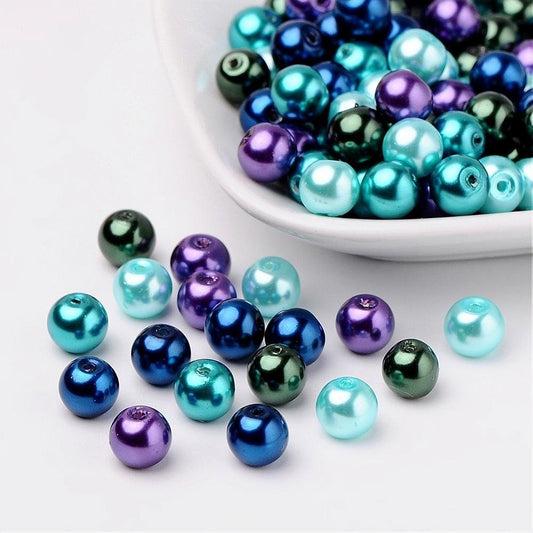 Blue Glass pearl bead mix,  6mm mix pearlized glass beads blue, greens, purple mix colored beads, ocean theme beads