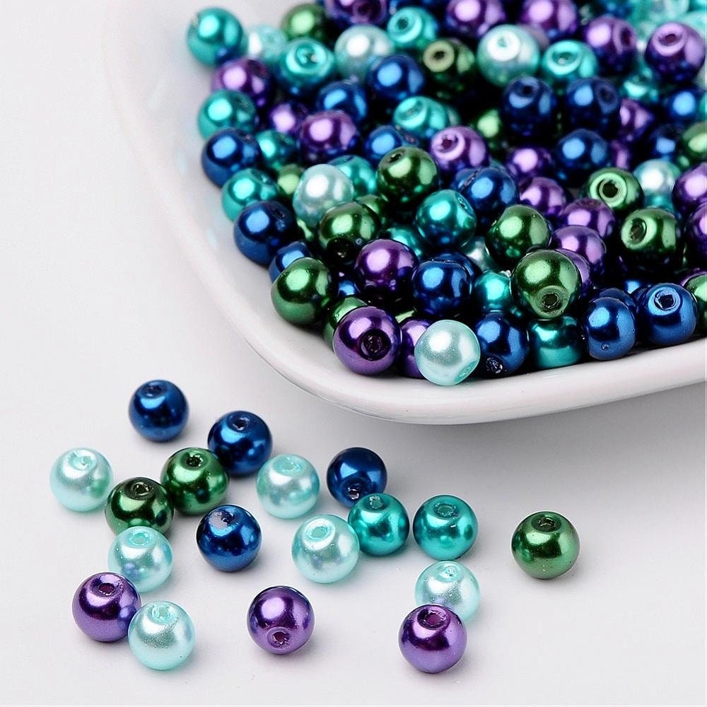 Blue Glass pearl bead mix, 6mm mix pearlized glass beads blue, greens, purple mix colored beads, ocean theme beads