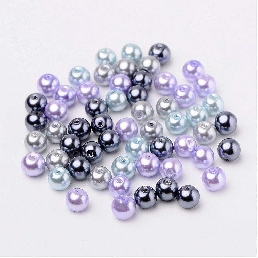 Silver theme Glass pearl beads, 8mm pearlized glass beads pale grey, dark grey, blue and purple mix colored beads