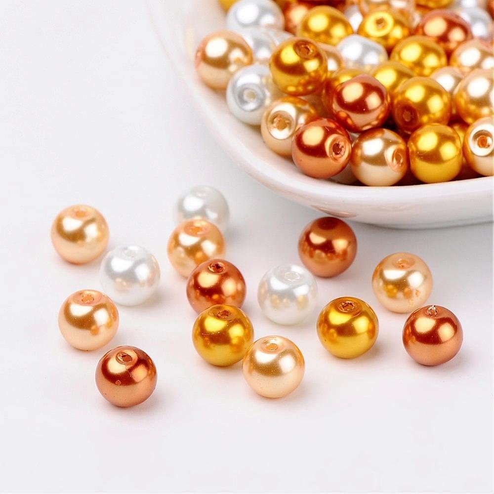 Gold glass pearl bead mix, 8mm pearlized glass beads gold white and caramel pearl shades colored beads