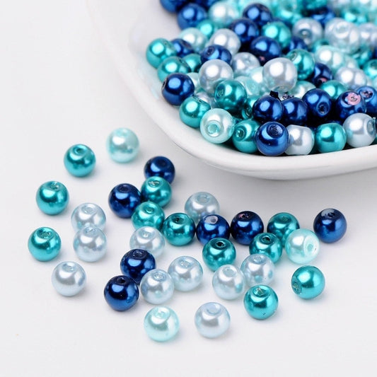 Carribean theme Glass pearl beads, 6mm glass Beads pearlized glass beads faux pearl mixed shades of blues