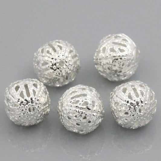 Silver plated filigree bead, 10mm hollow metal bead spacer lot