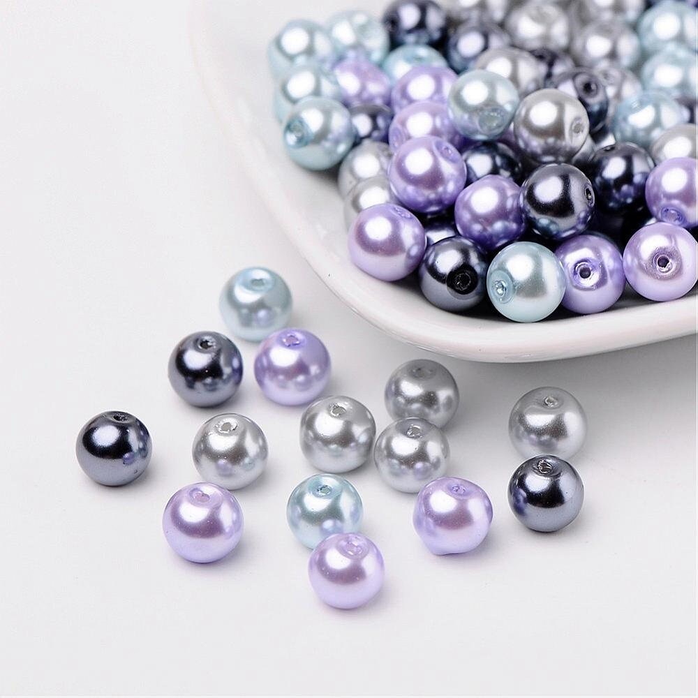 Silver theme Glass pearl beads, 8mm pearlized glass beads pale grey, dark grey, blue and purple mix colored beads