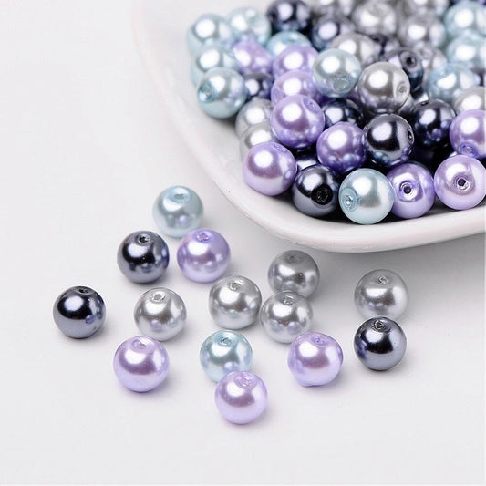 Silver theme Glass pearl beads, 8mm  pearlized glass beads pale grey, dark grey, blue and purple  mix colored beads