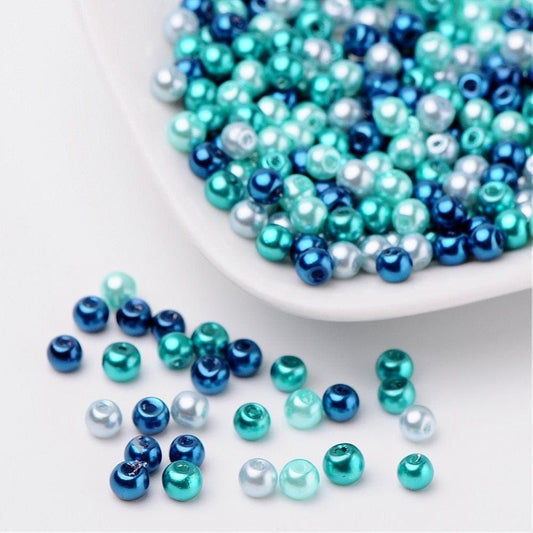 Carribean theme 4mm glass bead Glass Pearl Beads mixed blue shades pearlized beads faux pearl glass beads coated smooth glass pearl beads