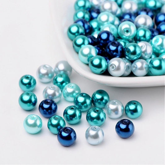 Carribean theme Glass pearl beads, 8mm pearlized glass beads blue variety mix of shades mix colored beads