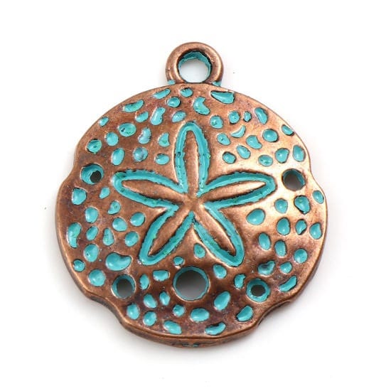 Sand dollar charm, copper with burnished turquoise charm , antiquw style sea theme nautical charm