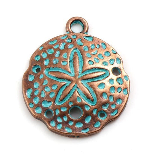 Sand dollar charm, copper with burnished  turquoise charm , antiquw style sea theme nautical charm