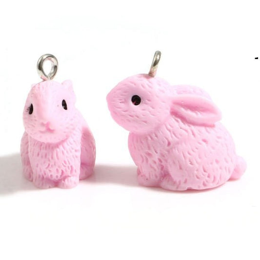 Pink bunny easter resin charm pendant charm 3D charm with link bunny with fir black eyes cotton tail bunny