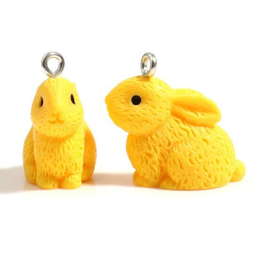 Yellow  bunny easter charm, resin bunny, (dark yellow)  3D charm with link bunny with fur texture black eyes cotton tail bunny