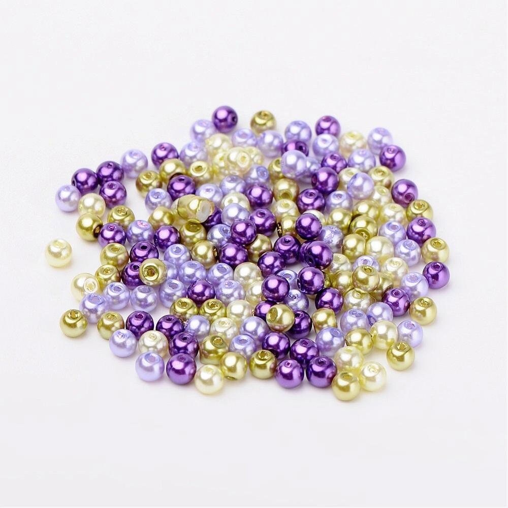 Purple pearl bead mix, 6mm pearlized glass beads, dark purple, lavender, pale green and sage green colored beads
