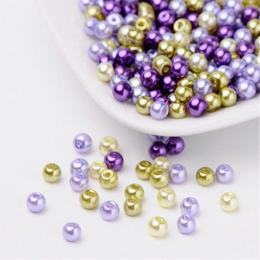 Purple pearl bead mix,  6mm pearlized glass beads,  dark purple, lavender, pale green and sage green colored beads