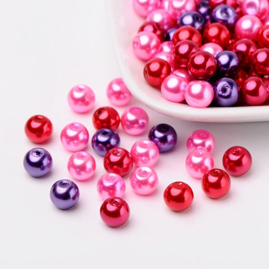 Red and purple Glass pearl beads, 8mm pearlized glass beads pink, red and purple mix colored beads pearl mix beads