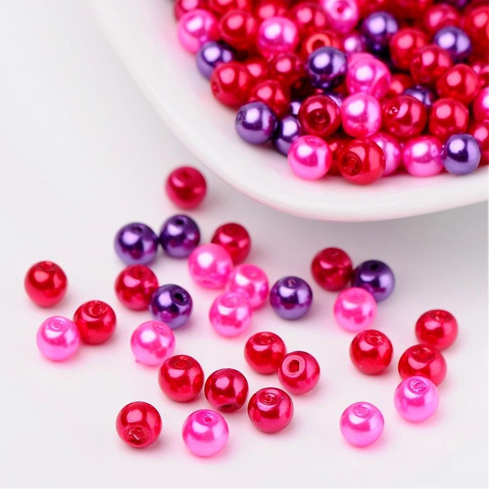 Red glass pearl mix, 4mm Glass pearlized glass beads pink, red and purple mix colored beads, love theme mix