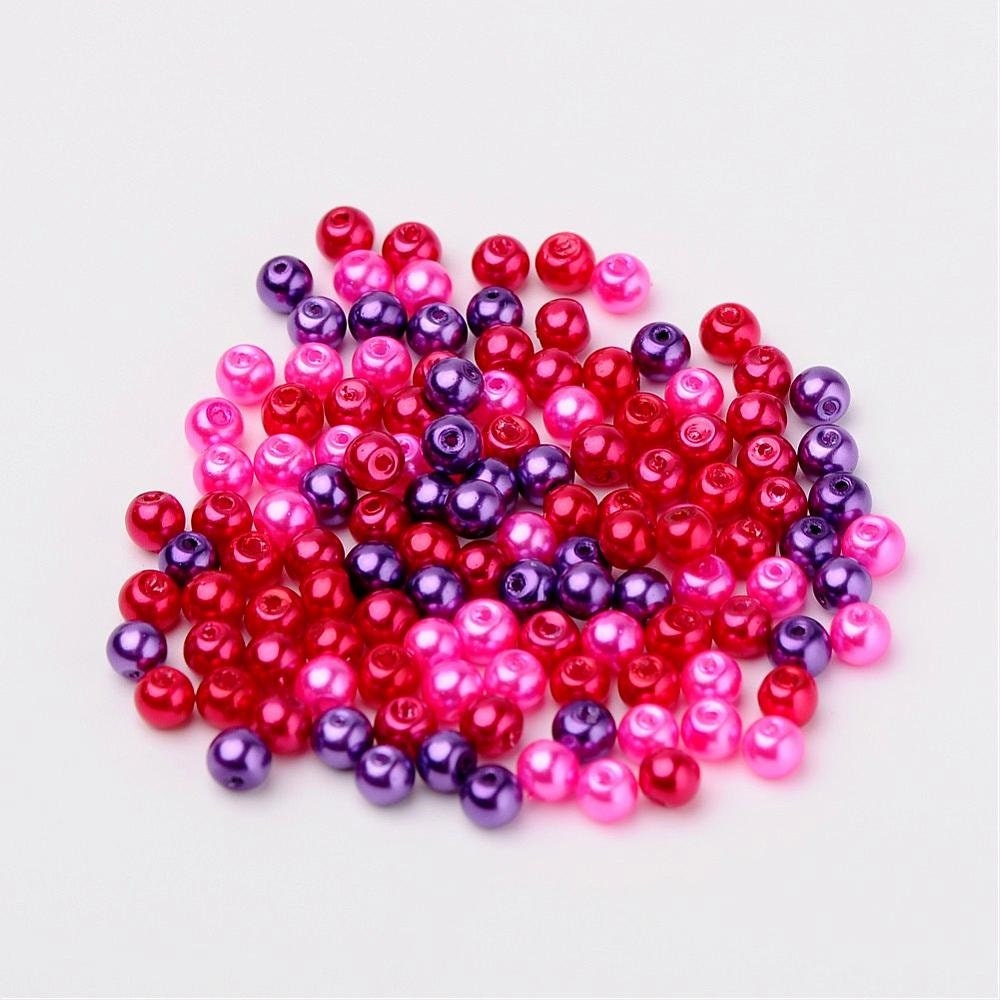 Red glass pearl mix, 4mm Glass pearlized glass beads pink, red and purple mix colored beads, love theme mix