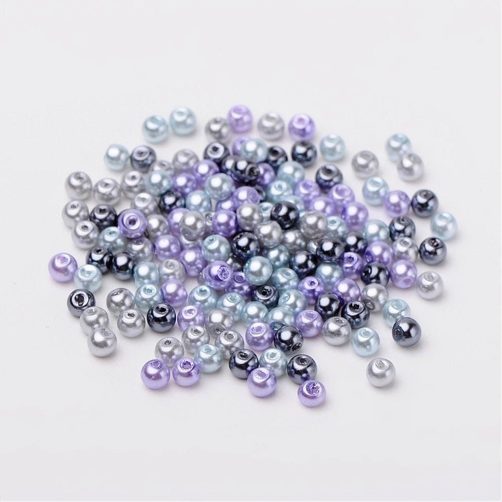 Silver Glass pearl bead mix, 4mm pearlized glass beads pale grey, dark grey, blue and purple mix colored beads
