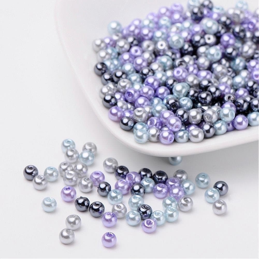 Silver Glass pearl bead mix, 4mm pearlized glass beads pale grey, dark grey, blue and purple mix colored beads
