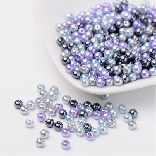 Silver Glass pearl  bead mix, 4mm  pearlized glass beads pale grey, dark grey, blue and purple  mix colored beads