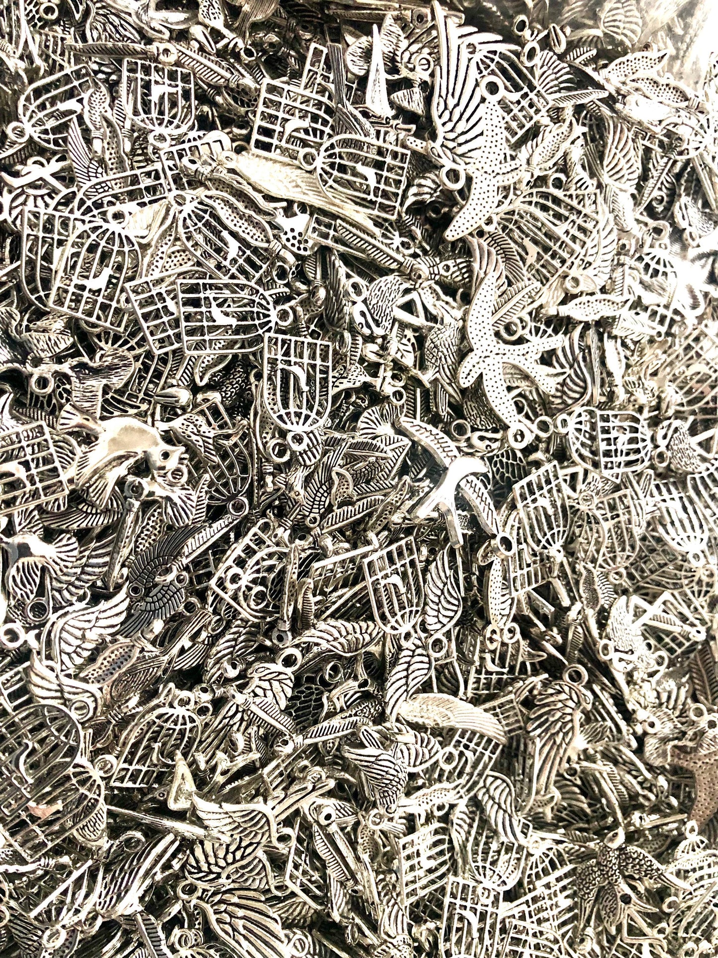 Bird charm mix, wings and feather charms lot feathered friend charm mix assorted mixed lot of mixed sizes and styles bird cages