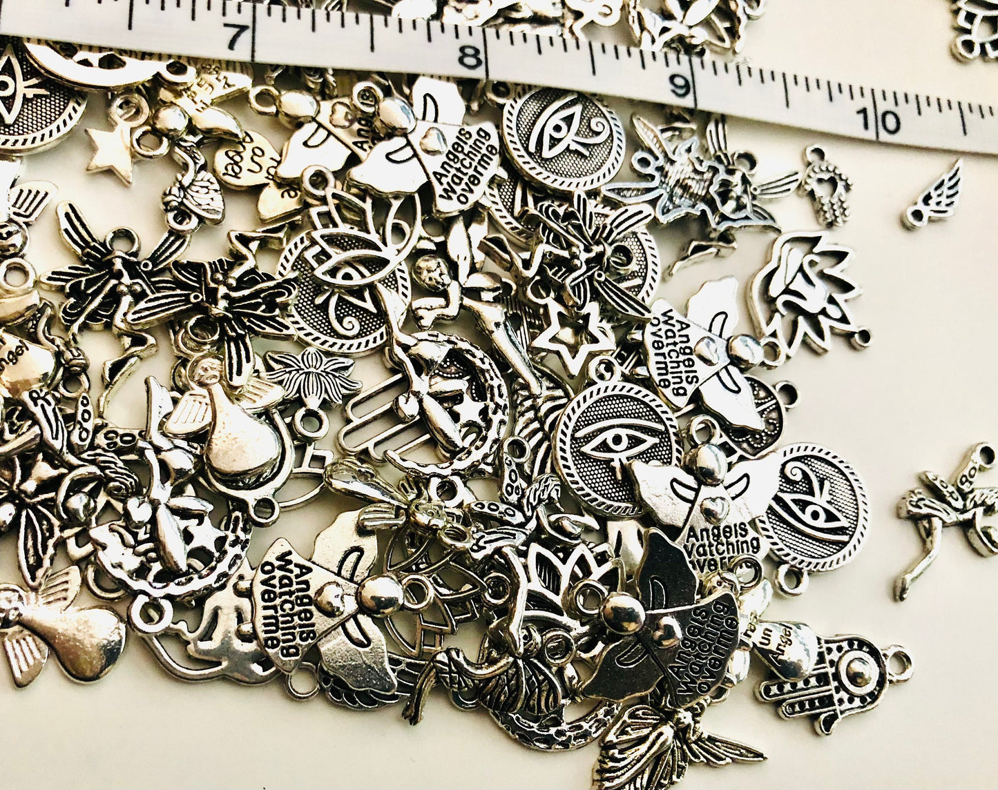 Fairy charm mix, spiritual charms, fairy and angel with evil eyes, hamsa and lotus flower charms