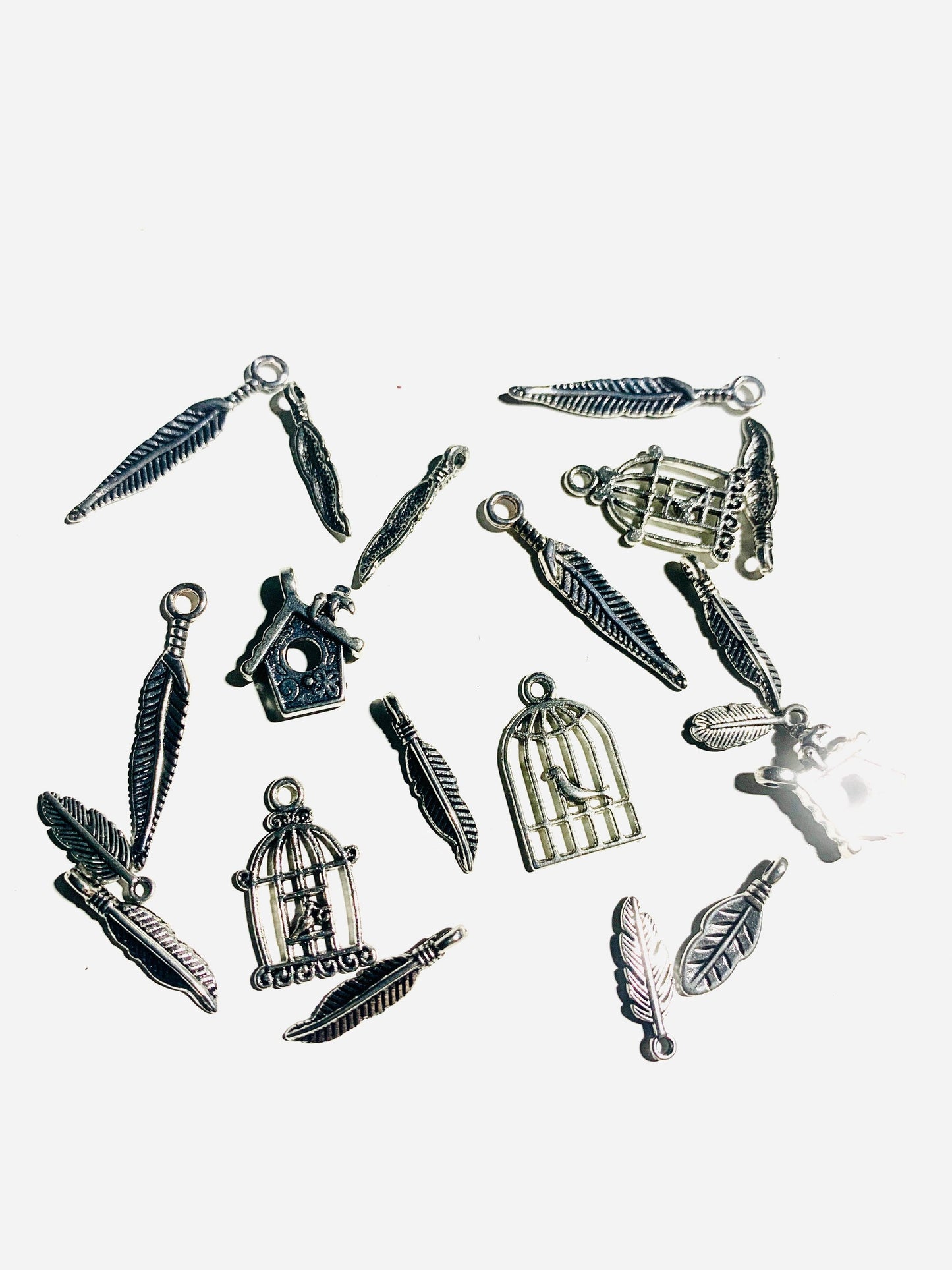 Bird charm mix, wings and feather charms lot feathered friend charm mix assorted mixed lot of mixed sizes and styles bird cages