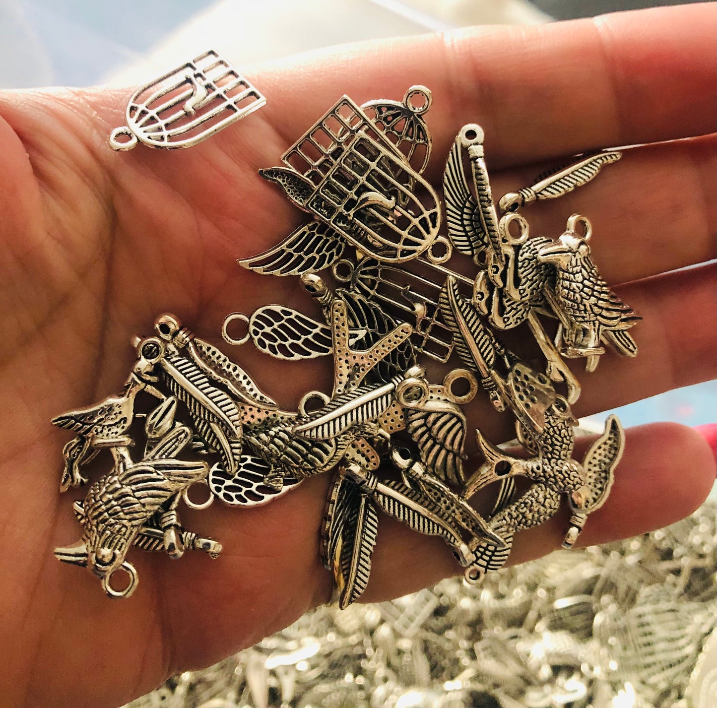 Bird charm mix, wings and feather charms lot feathered friend charm mix assorted mixed lot of mixed sizes and styles bird cages
