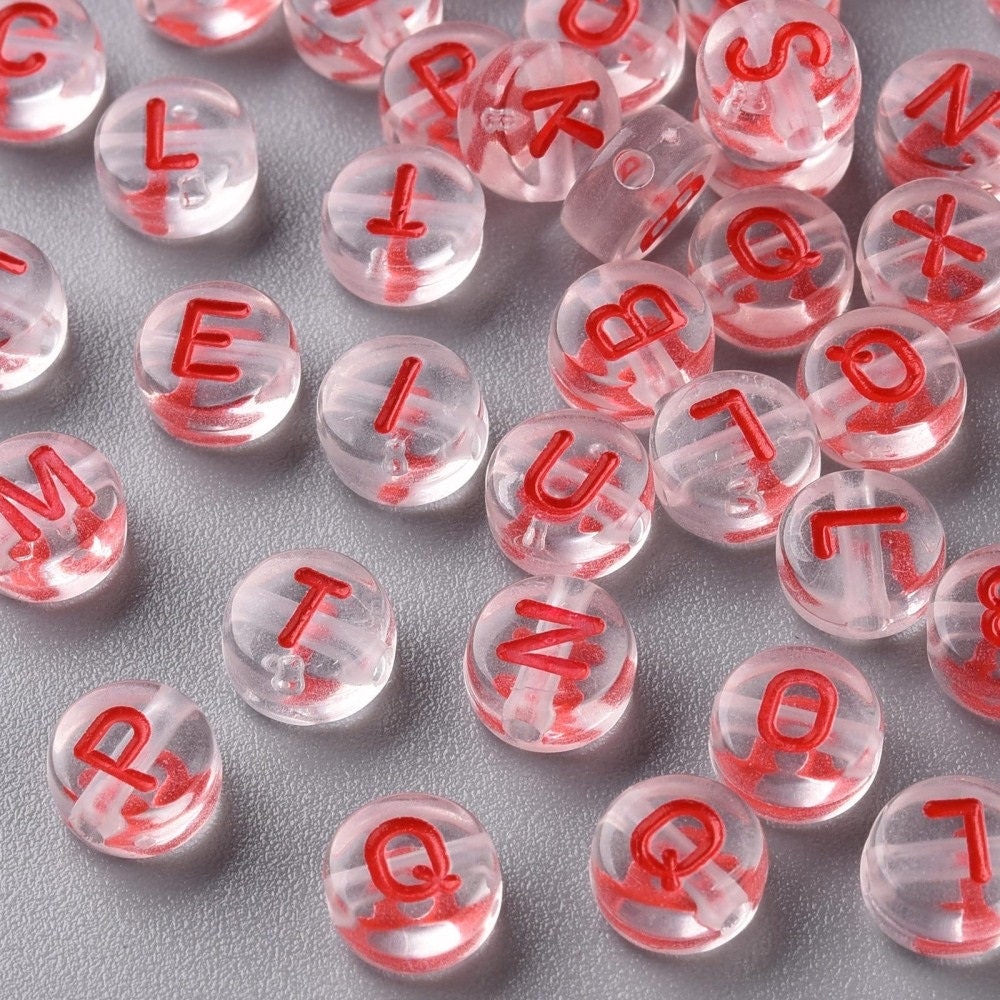 Clear letter with RED letters alpahabet Beads Round Acrylic 7mm letter beads Pick your beads bulk bead lot clear letter lot