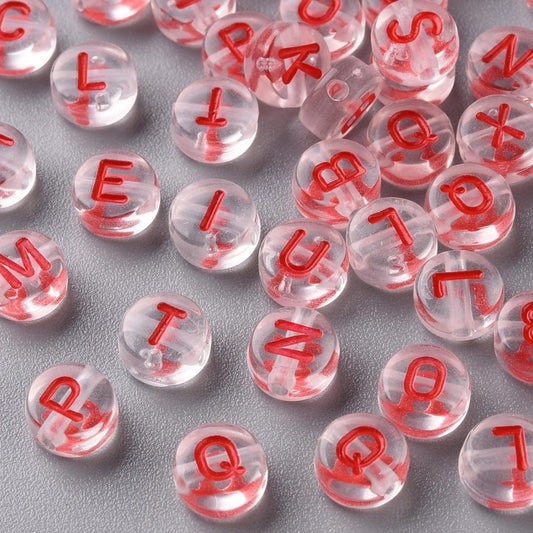 Clear letter with  RED letters alpahabet Beads Round Acrylic 7mm letter beads Pick your beads bulk bead lot clear letter lot