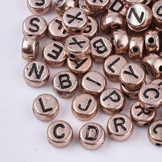 Rose gold alphabet bead RUSTIC DARK rose gold acrylic beads with black letter imprint letter Beads Round 7mm see notes on rustic